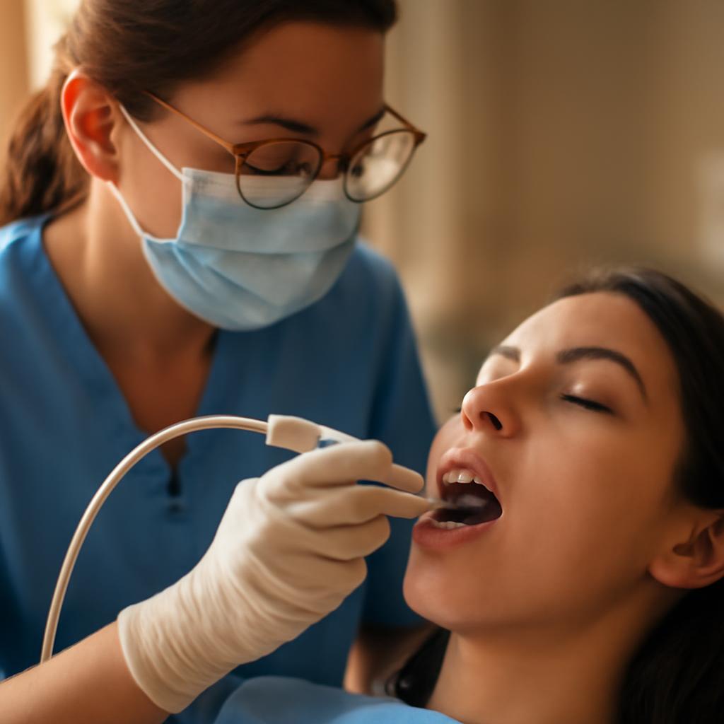 Стоматолог проводит профессиональную гигиену полости рта с использованием ультразвукового скалера